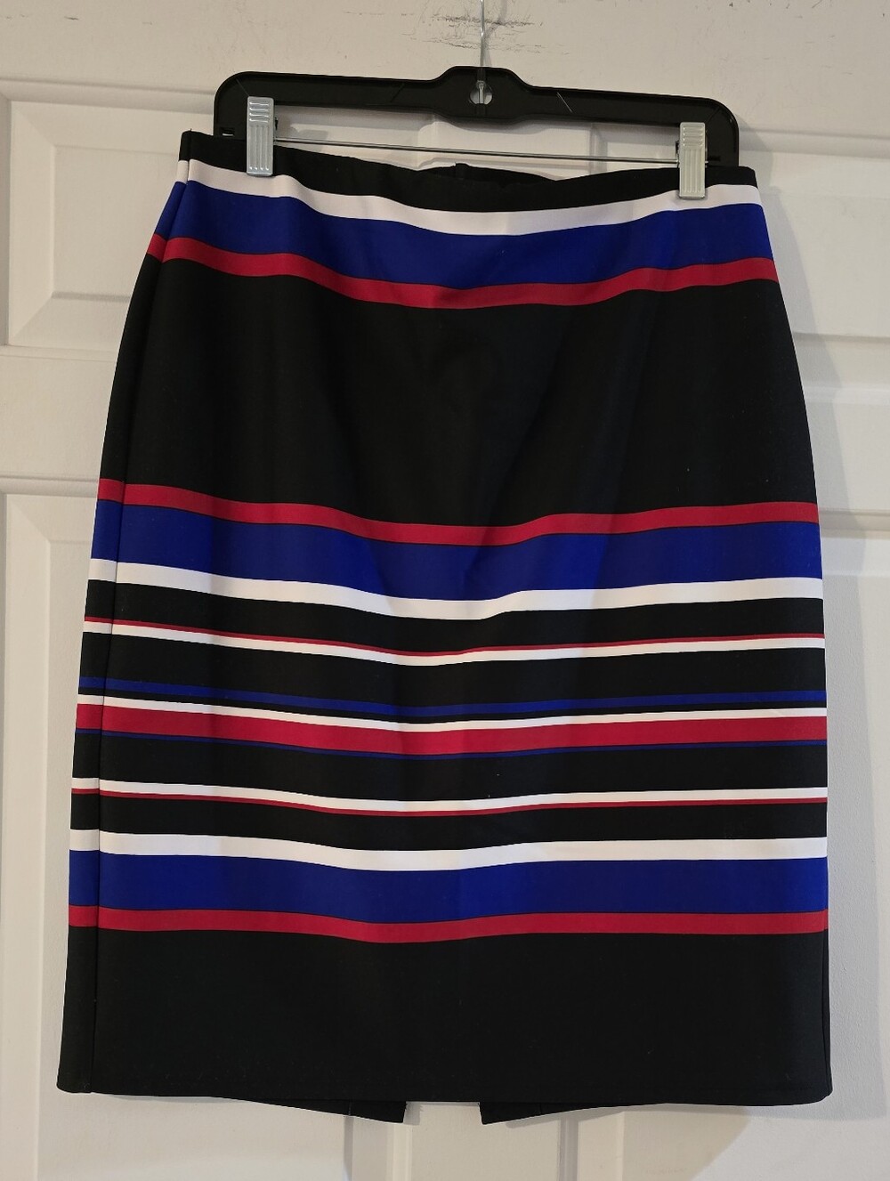 NYC Black Pencil Skirt with Blue, Red & White Stripes